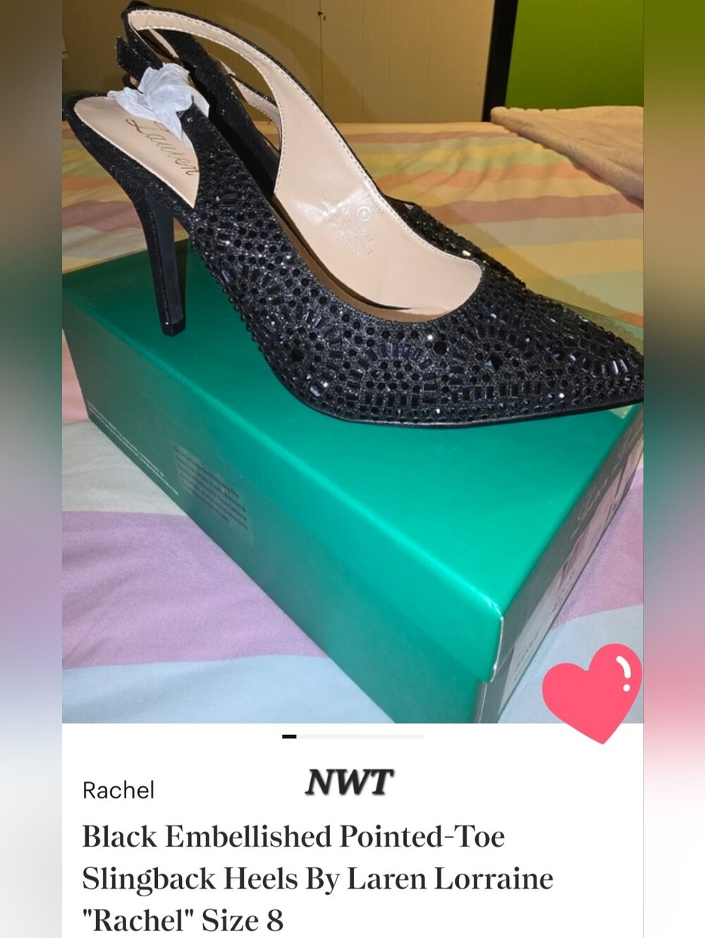 Lauren Lorraine "Rachel" Black Pointed-Toe Slingback Heels Size 8
